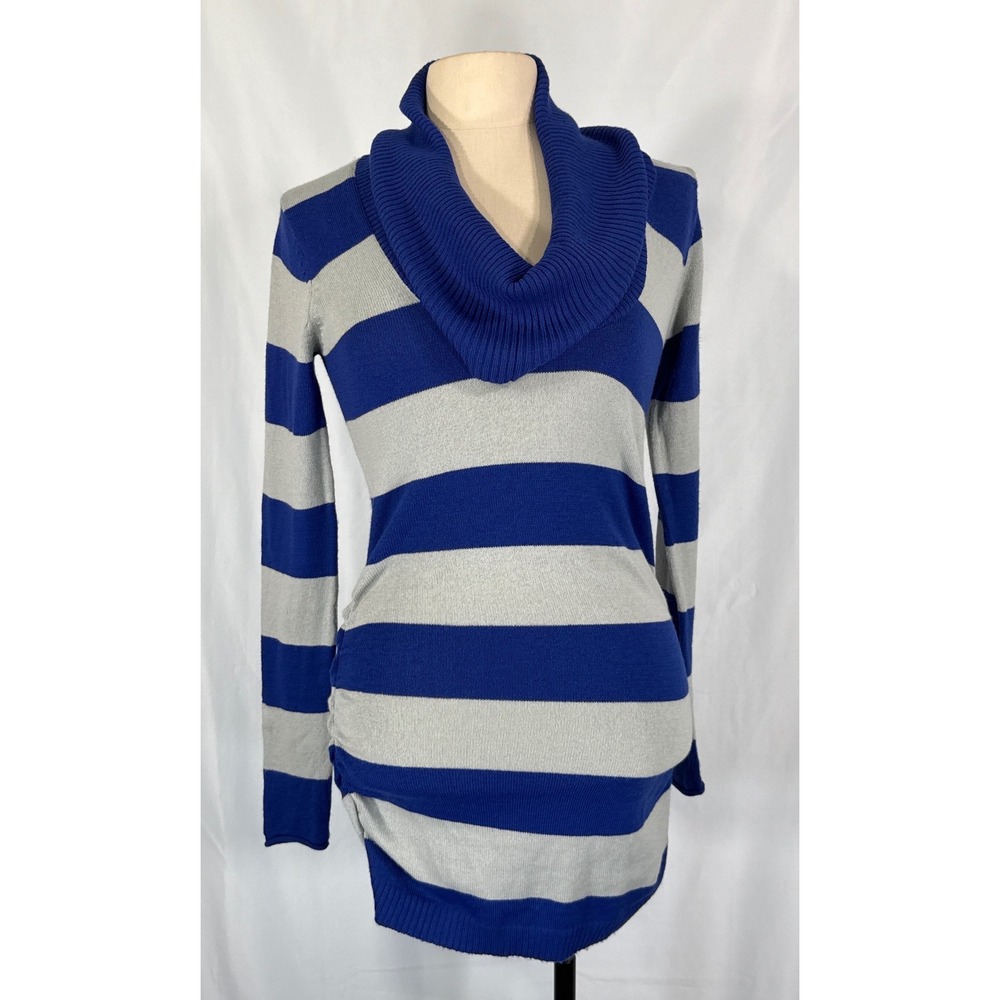 Derek Heart Womens Blue Gray Striped Cowl Neck Ruched Sweater Dress Y2K 90s Sz M
